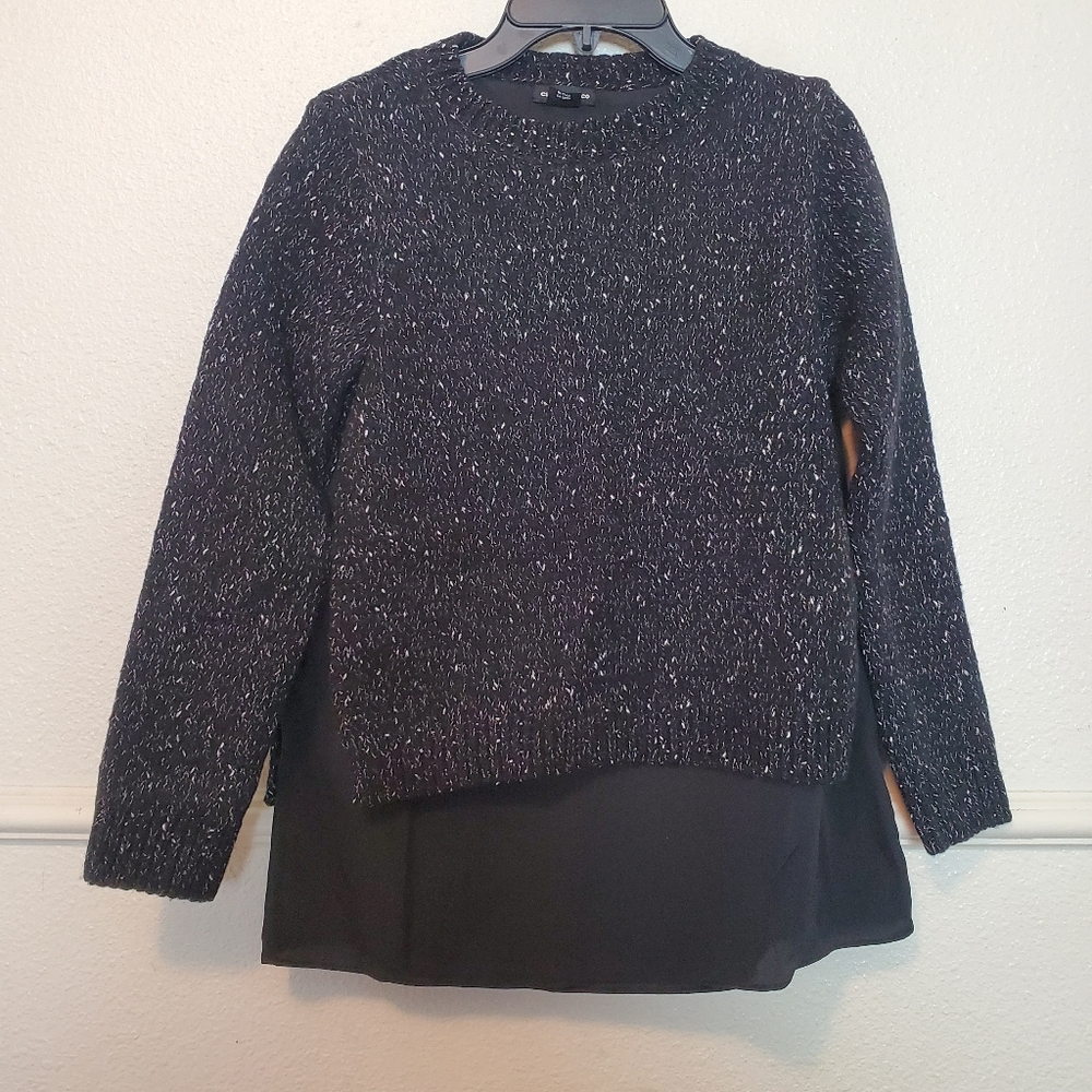 Club Monaco Marled Knit Layered Mixed Media Sweater Black White XS